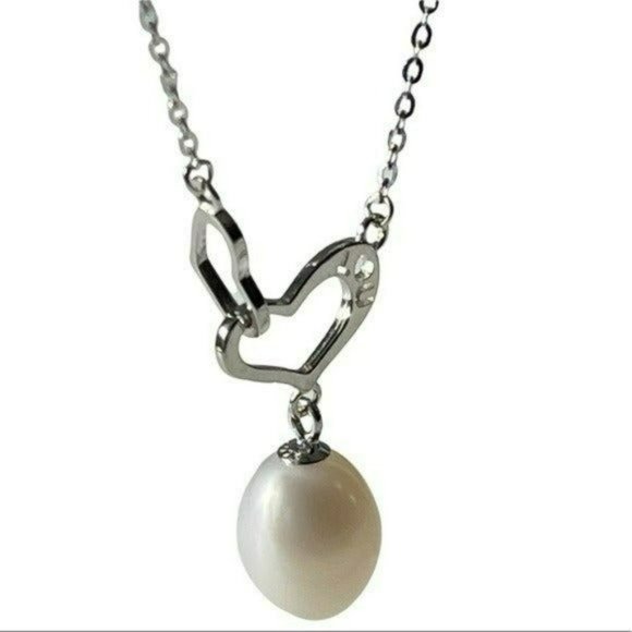 Stamped I LOVE U 925S‎ Silver Drop Freshwater Pearl Pendant Heart Necklace - Picture 4 of 16